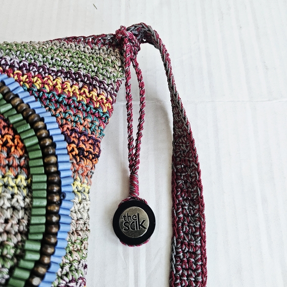 The Sak Multicolor Knit Peace Sign Crossbody Bag Zip Close Beading Boho Colorful - Picture 9 of 15
